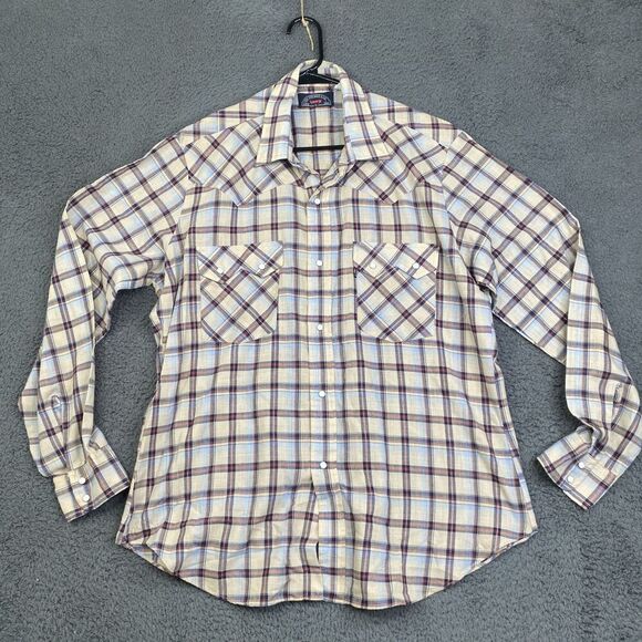 Levis Western Shirt Mens XL Beige Blue Plaid Pearl Snap Long Sleeve Cowboy 90s - Picture 1 of 9